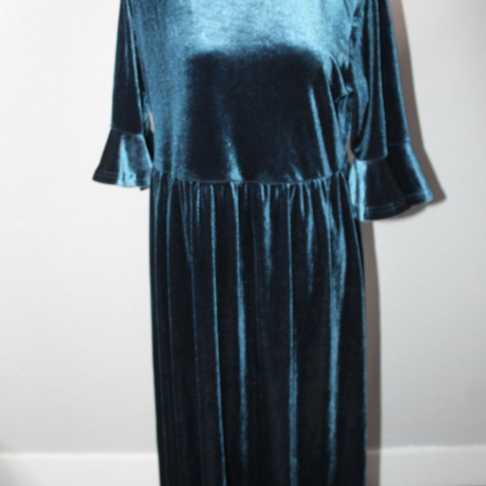 Velvet Sweet Salt Waist Midi Dress Teal Blue Bell Sleeve Holiday Party Dress